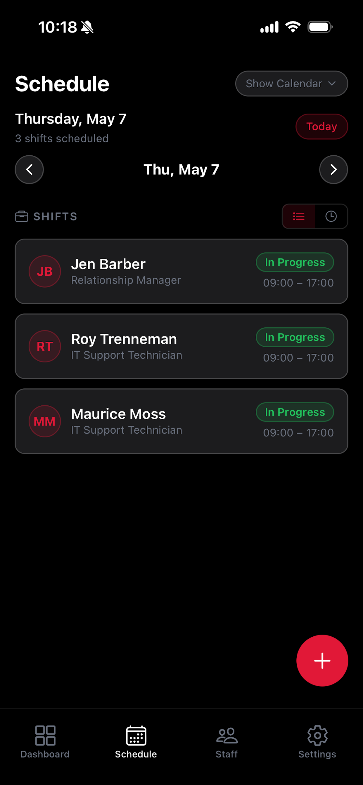 TimeWise schedule view showing team shifts