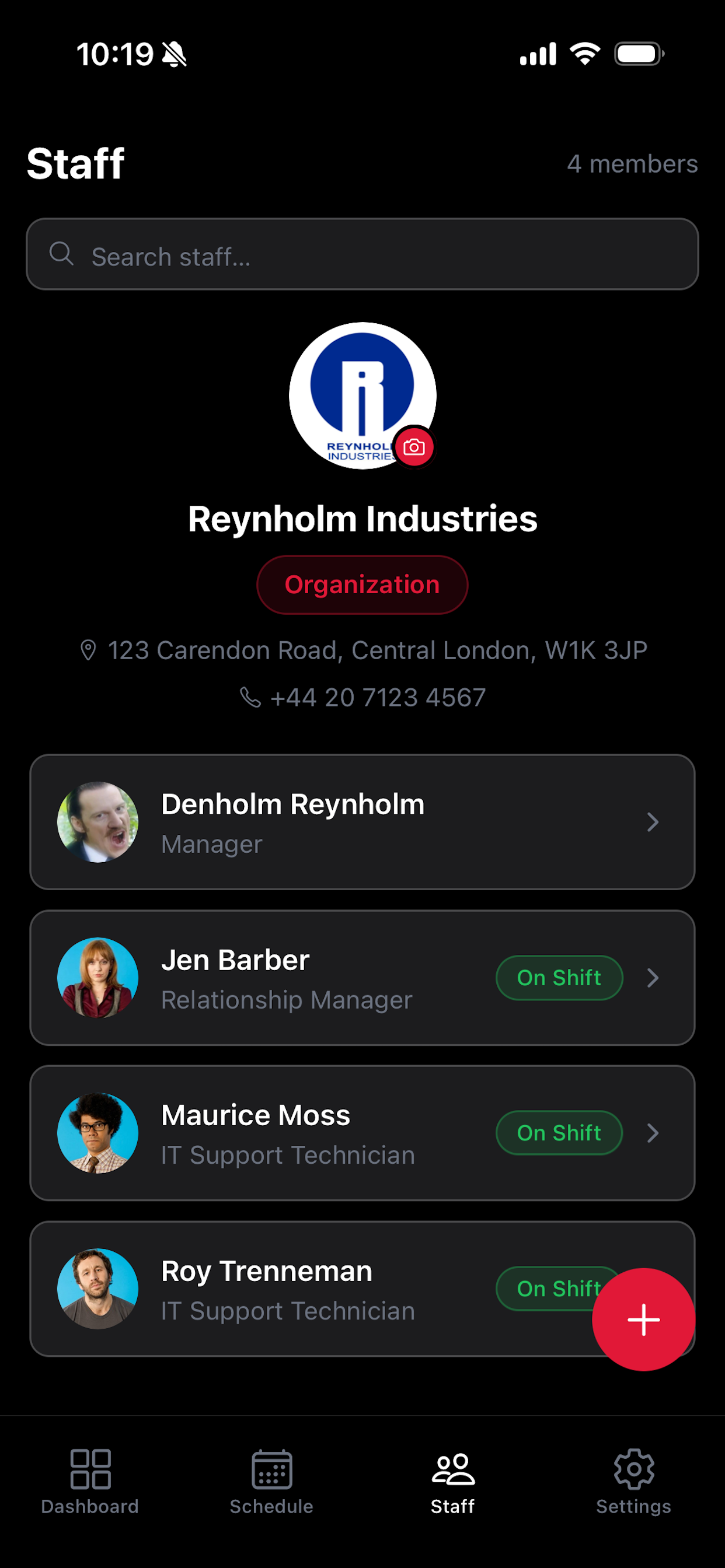 Staff tab showing team roster with names, roles, and on-shift status